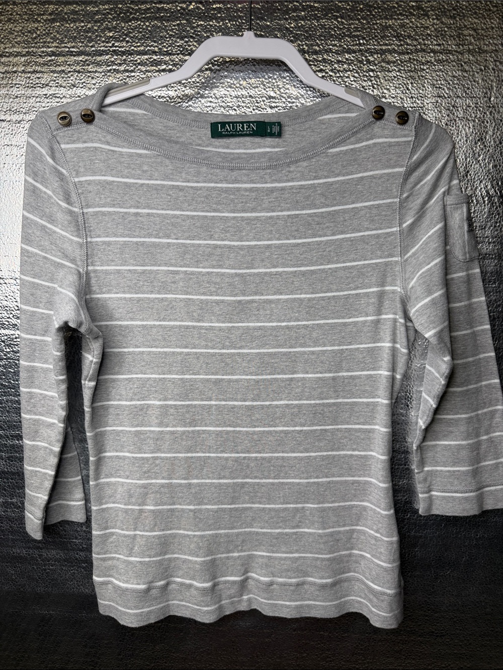 Lauren Ralph Lauren Gray and White Striped Boatneck Top with Shoulder Buttons
